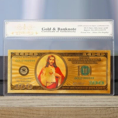 Jesus Christ on a $100 One Hundred Dollar Bill - 100mg 24K Gold with White COA - Image 1 of 3