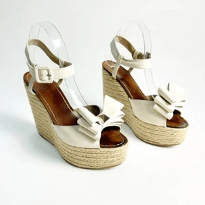 VALENTINO White Bow Platform Rockstud Wedge Heels 40 US 9.5 Peep Toe Espadrille - Picture 1 of 11