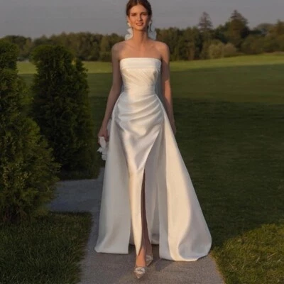 Vestido de novia de boda sin tirantes sirena satinado vestido de novia tren desmontable Foto 1 de 4