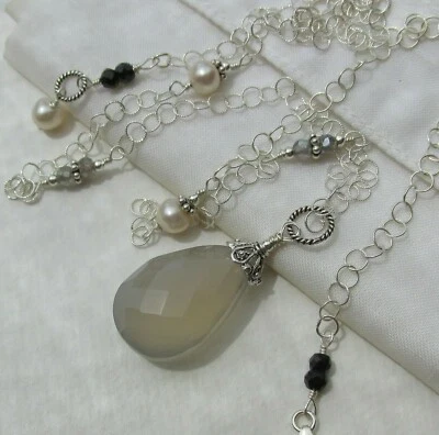 Chalzedon Labradorit Spinell Zucht Perle Anhänger-Kette 925 Silber 60cm Collier  - Bild 1 von 4