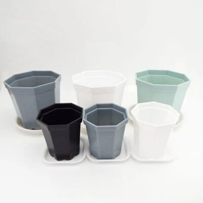 4x Flower Plastic Pots With Saucer Tray Mini Nursery Plant Cup Home Garden Decor - Image 1 of 4