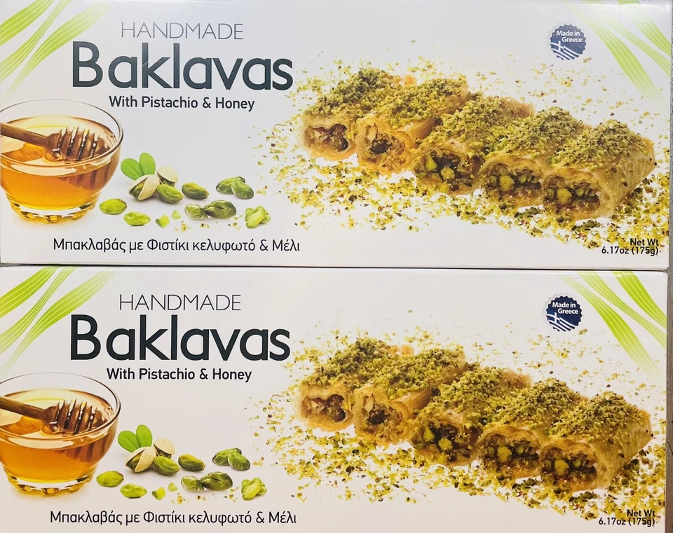2 NEW~Handmade Baklavas with Honey & Pistachio Nuts~from Greece~2 Boxes 6.17oz - Image 1 of 2