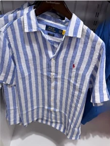 NWT Polo Ralph Lauren Blue & White STRIPED LINEN Short Sleeve Camp Shirt - Picture 1 of 2