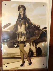 Sexy airplane Girl pinup Sign for Wall Vintage Metal Tin Retro 11.8" x 7.8" - Picture 1 of 4