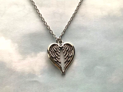 ANTIQUE SILVER HEART ANGEL WINGS FEATHER CHARM CHAIN PENDANT NECKLACE JEWELLERY  - image 1 of 4