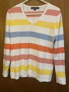 Women’s Tommy Hilfiger Striped V-neck Sweater M Pink/Blue/Yellow/White/Orange - Picture 1 of 4
