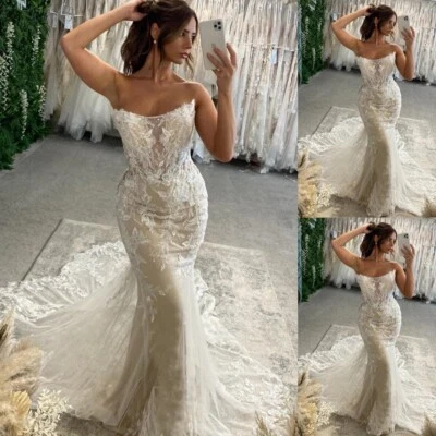 Champagne Mermaid Wedding Dresses Strapless Glitter Lace Appliques Bridal Gowns - Image 1 of 4