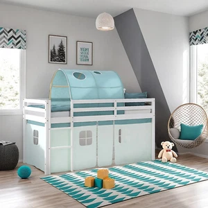 Lit mezzanine 90 x 200 cm enfants bâton lit bois massif rideau tunnel vert Homestyle4u - Photo 1/10