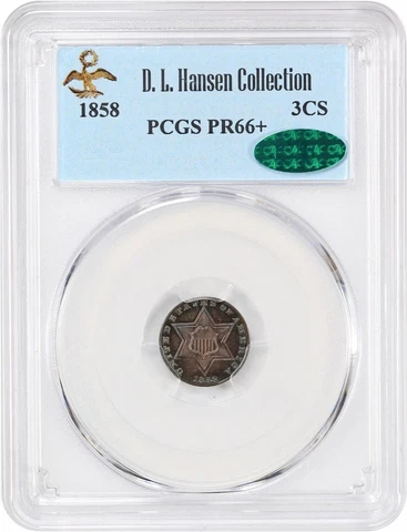 1858 3cS PCGS/CAC Proof 66+ ex: D.L. Hansen Cover