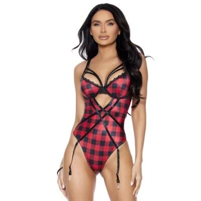 Liguero a cuadros Buffalo peluche con tiras con aros Demi tazas encaje cruzado 77173 Foto 1 de 4