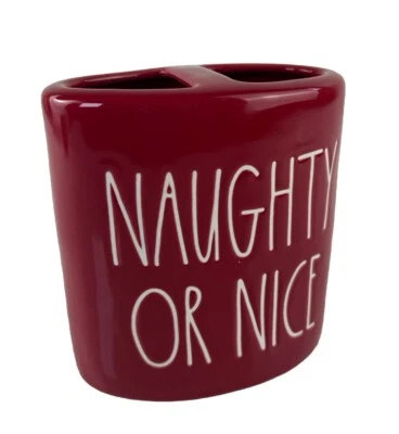 RAE DUNN HOLIDAY "TRAVIESO O BONITO" SOPORTE CEPILLO DE DIENTES ESMALTE ROJO CERÁMICA ORGANIZACIÓN Foto 1 de 4