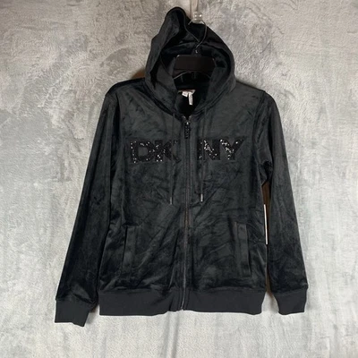 DKNY Women's Velour Hoodie Petite S Full Front Zip Up Sequin Logo Hit Black - Image 1 of 4