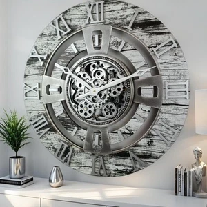 The Gears Clock ENGLAND LINE WALL CLOCK ROUND 24 INCH GREY & WHITE - Picture 1 of 10