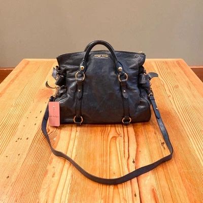 Miu Miu Dark Blue Leather Vitello Lux Bow Bag Top Handle Purse 0811SV - Image 1 of 4