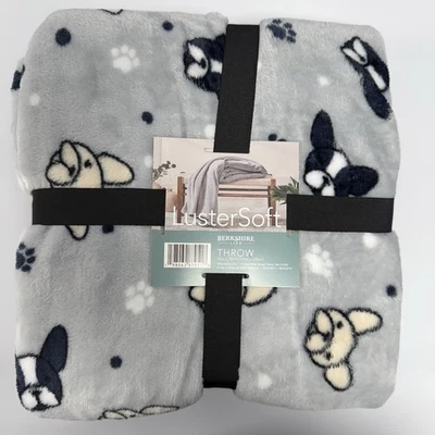 NWT Berkshire LusterSoft Throw  Blanket Plush Gray Boston Terrier Print 50”x70” - Image 1 of 4