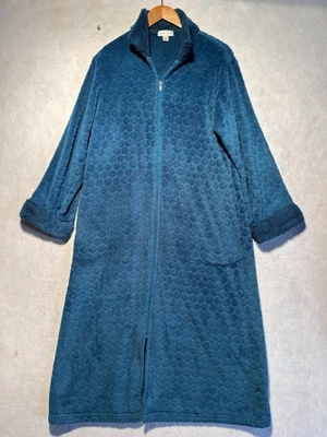 Miss Elaine Robe 女式 Med 蓝色拉链前毛绒羊毛Housecoat柔软小屋 — 第 1/4 张图片
