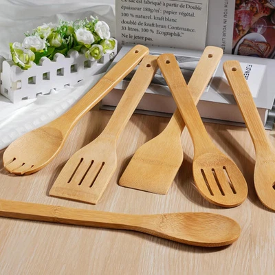 6 Pcs Bamboo Wooden Spoons for Cooking 12 In Non-Stick Wooden Kitchen Utensils - Image 1 of 4