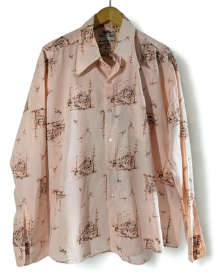 Camisa abotonada vintage Fruit of the Loom para hombre XL (17) años 70 rosa salmón gráfico Foto 1 de 4