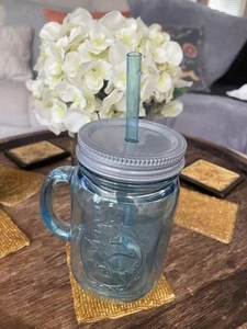 Aladdin Einmachglas Becher Becher türkis blau isoliert 20 Unzen mit Strohhalm & Griff - Bild 1 von 3