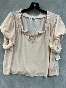 Free People Top Women’s L Light Pink Velvet Femme Ruffled Puff Sleeve NWT New - Picture 1 of 7