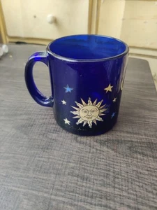 Vintage Libbey Cobalt Blue Celestial Sun, Moon, & Stars Coffee Mug Friends 90's - Picture 1 of 7