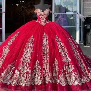 Abito da ballo rosso lusso personalizzato 15 anni abiti quinceanera applicazioni oro - Foto 1 di 11
