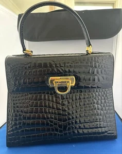 VINTAGE BIAGINI BLACK PATENT LEATHER CROC EMBOSSED HANDBAG ITALY - Picture 1 of 7