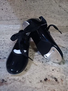 Capezio Tyett Tele Tone Jr Tap Shoes Black Patent Leather Child Girls Sz 9.5 - Picture 1 of 5