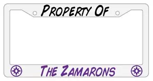 Property Of The Zamarons White Plastic License Plate Frame Auto - Foto 1 di 1