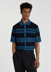 Paul Smith Stripe Cut from 100% cotton wiFull-Placket Polo Shirt in Navy, Size S - Picture 1 of 4