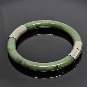 Vintage Chinese Spinach Green Nephrite Jade Gilded Bangle Bracelet - Picture 1 of 14