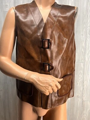 Colete de vinil couro sintético vintage faroeste cowboy fivela bolsos masculino G/XL - Imagem 1 de 3