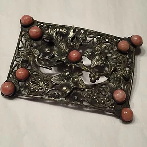 Antique Burnished Nickel Silver Filigree Plaque Pin Pink Marbled Glass Cabochon - Picture 1 of 7