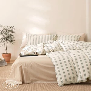Striped Duvet Cover Set Queen Beige 100% Washed Cotton Bedding Set,Grey Vertical - Picture 1 of 7