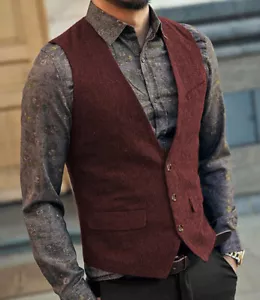 Mens Vests Hunting Tweed Waistcoats Herringbone Wedding Retro Wool Vintage - Picture 1 of 22