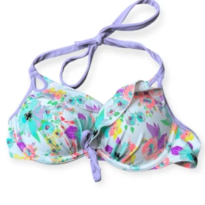 VICTORIA’S SECRET Women’s White Teal Floral Ruffle Push-Up Halter Bikini Size 32 - Picture 1 of 5