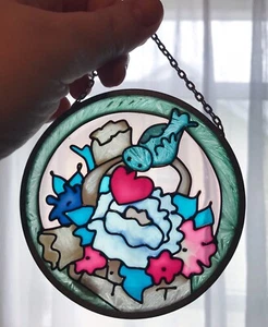 Vintage Joan Baker Stained Glass Bluebird Floral Sun Catcher Spring Cottage Core - Picture 1 of 5