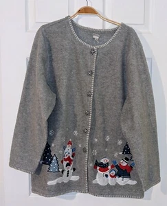 Holiday Winter Woman's Large Gray Snowman Snowflake Cardigan Sweater Sz. 18/20 - Picture 1 of 11