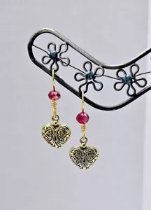 Handmade Gold Heart Dainty Boho Earrings with Red Crystals, Heart Earrings - Picture 1 of 11
