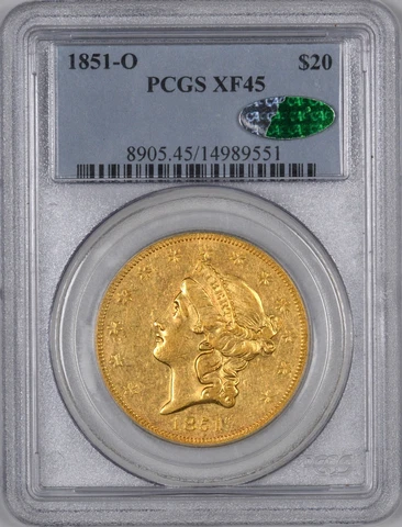 1851-O Liberty Gold Double Eagle New Orleans Minted $20 - PCGS XF45 - CAC Cover
