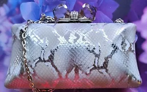 Judith Leiber Overture Embossed Snakeskin Bow Clasp Chain SIVER GRAY Clutch $395 - Picture 1 of 11