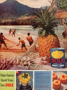 Vintage Werbedruck LEBENSMITTEL Dosen DOLE Hawaii Ananas Brocken Angeln 52 - Bild 1 von 1