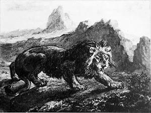 LE LION ATTAQUÉ - Gravure du 19e siècle (d'après Delacroix) - Imagen 1 de 2