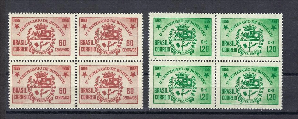 Brazil 1955 Sc# 820-21 set Arms of Botucatu Centenary of Botucatu block 4 MNH - Image 1 of 1