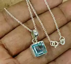Natürlicher Blautopas 925 Sterling Silber facettierter Edelstein Quadrat Kette Anhänger - Bild 1 von 5