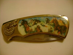 Herd Of Wild Horses With War Feather Motif Large Stainless 7" Knife(2581)  - Picture 1 of 9
