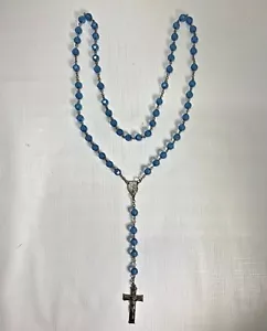Blauer facettierter Perlen katholischer Rosenkranz religiös Gebet Jesus Maria Vintage 22 Zoll - Bild 1 von 6