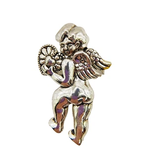 Vintage Cherub Holding Heart Brooch Pendant Pin Silver Tone Valentine Love - Picture 1 of 24