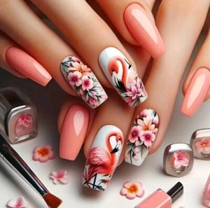 Uñas prensadas elegantes de flamenco y florales - forma mediana de ballet, acabado brillante 24 - Imagen 1 de 8