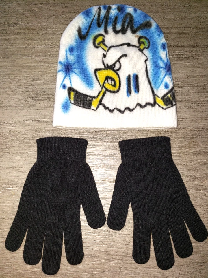 MIA Blanco SOMBRERO FRIJOL HOCKEY ÁGUILA PINTADO A MANO Talla Única GUANTES ELÁSTICOS NEGROS Foto 1 de 1
